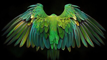 Fototapeta premium Majestic spread of vibrant green parrot wings with layered iridescent feathers on a dark background, evoking awe and serenity