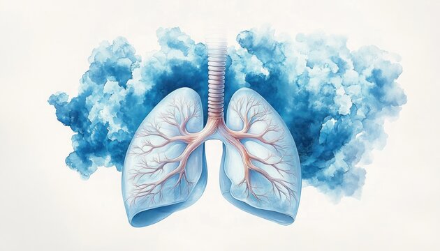 watercolor-style human lungs with trachea and branching bronchi over soft blue cloud background, evoking calm breathing and healing