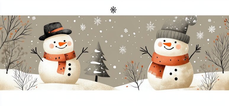 Two cheerful snowmen with hats and orange scarves on snowy hills, smiling amid falling snowflakes, bare trees and a small pine tree in a cozy winter scene