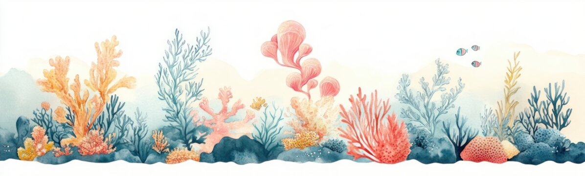 pastel watercolor coral reef with varied seaweed, sponges and two small fish conveying peaceful whimsical underwater serenity