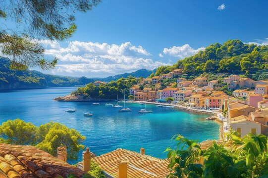 sunlit coastal village with pastel houses and terracotta roofs overlooking a turquoise bay with sailboats, lush green hills and clear blue sky, peaceful and idyllic