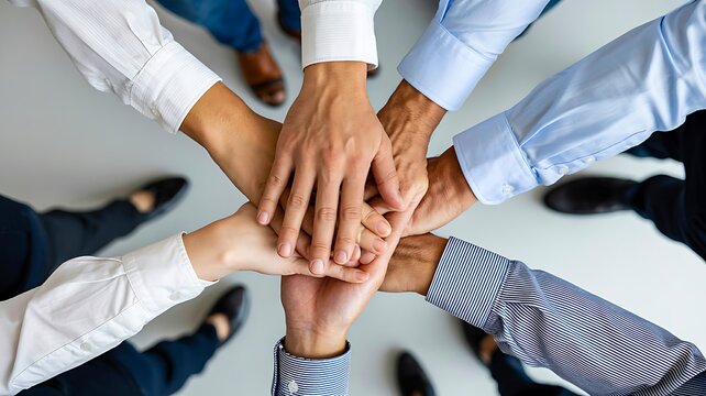Teamwork concept with business people stacking hands together showing unity and collaboration