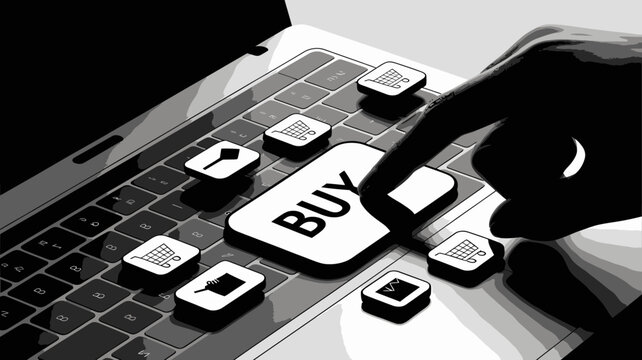 Hand pressing buy button on laptop keyboard with shopping icons