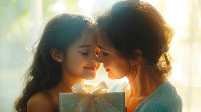 woman and young girl sharing a tender moment while holding a wrapped gift with a bow in warm backlit sunlight, intimate family bonding and gentle affection