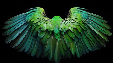 Obraz premium green parrot with fully outstretched layered wings against a black background, showcasing intricate feathers and a majestic, serene presence