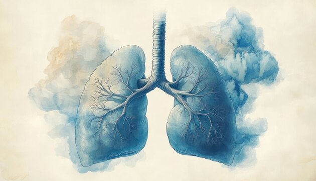 blue watercolor anatomical illustration of human lungs and trachea with branching bronchi surrounded by soft cloudy mist conveying calm ethereal breathing imagery
