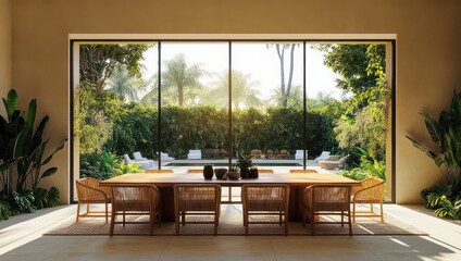 Fototapeta premium sunlit dining room with wooden table, wicker chairs and potted plants opening onto a lush tropical garden and pool, serene and inviting