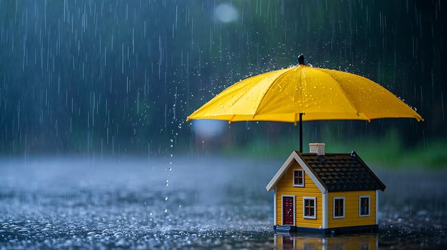 Small house under yellow umbrella in heavy rain representing property insurance protection