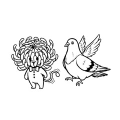 Fototapeta premium Chrysanthemum character and pigeon sketch