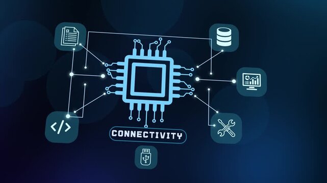 Global digital connectivity concept displaying multiple interactive network nodes linked together via high speed communication hub.