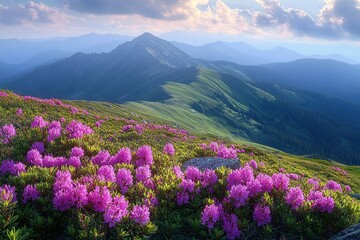 Obraz premium vivid pink alpine flowers carpeting a sunlit mountain ridge with rolling blue peaks under a soft clouded sky, a peaceful panoramic vista
