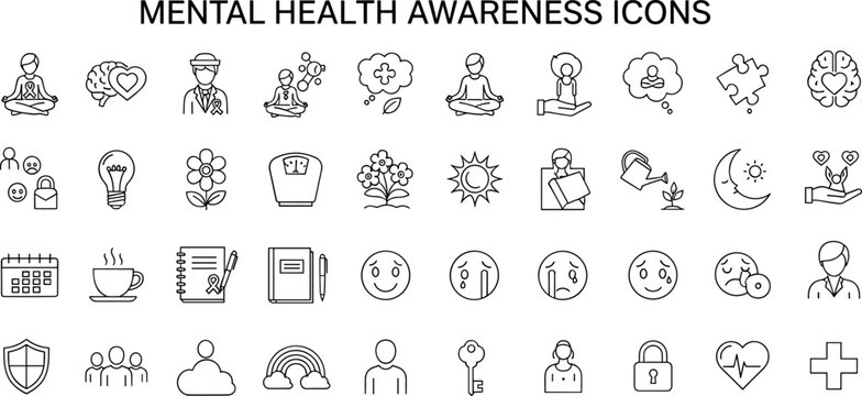 Mental Health Awareness Line Icon Set For Therapy Mindfulness Emotional Support Wellness And Self Care Vector Illustration