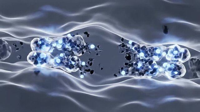 Dynamic Abstract Molecule Interaction In Fluid Environment With Glowing Particles And Dark Elements