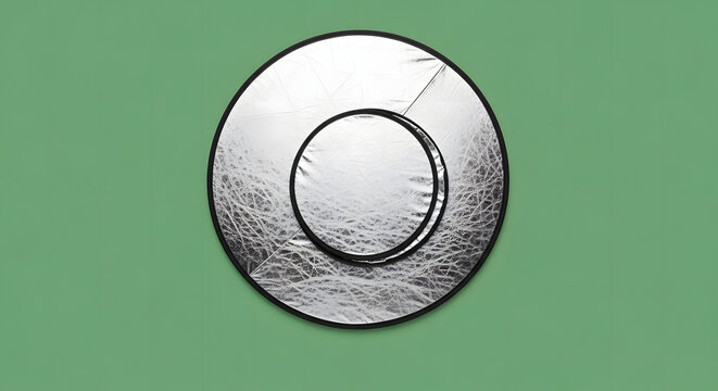 Professional Silver Circular Photography Reflectors in Two Sizes with Metallic Textured Surfaces, Isolated on a Solid Green Background for Studio Lighting and Content Creation.