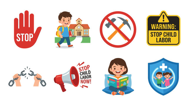 Vector illustration of people protesting against child labor with stop signs and megaphones in a crowded city square at night.