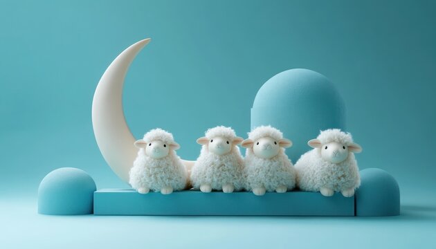 four fluffy white toy sheep lined up on a pastel turquoise platform with a crescent moon and rounded dome shapes, creating a calm dreamy nursery scene