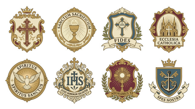 Vector illustrations of various Christian emblems and symbols on display