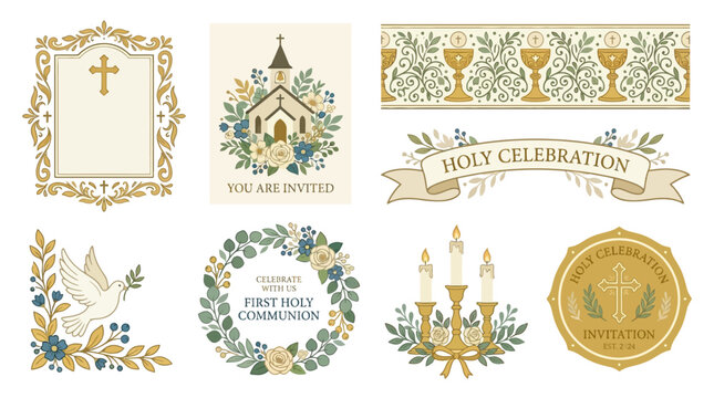 Vector illustrations of gold religious celebration elements with church cross and Easter floral wreath on white background