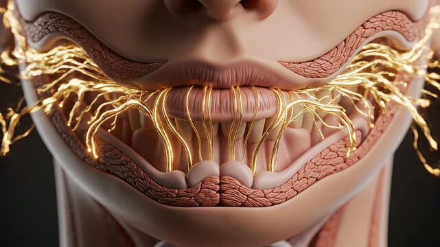 Hyper-Realistic 3D Anatomical Model of a Human Mouth Exposing Teeth and Muscles with Nerve Connections in a Dark Background