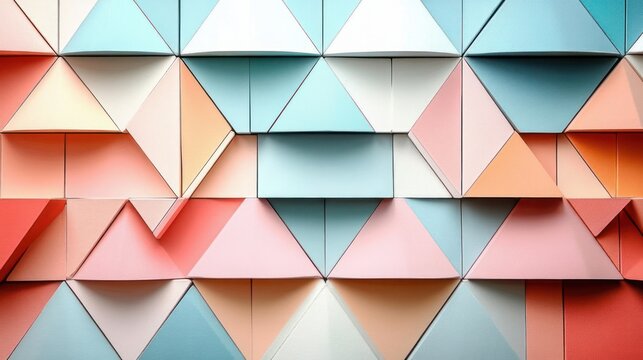layered 3d geometric composition of folded triangular pastel panels creating a calm, playful rhythmic abstract tiled pattern