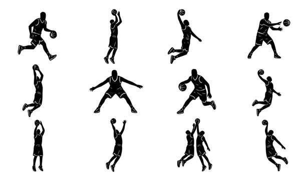 Black and white basketball player silhouette set with dynamic action poses vector illustration
