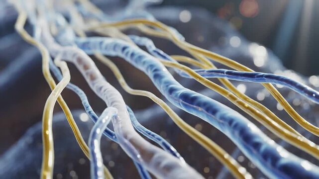 Intricate Macro View of Intertwined Blue and Yellow Nerve-Like Fibers Highlighting Organic Textures Against an Ethereal Background