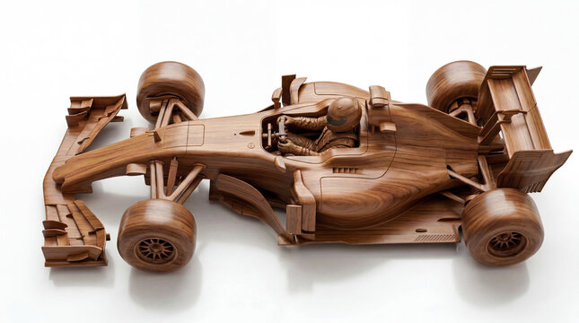 Detailed wooden model of a modern racing vehicle, exquisitely carved from natural timber, highlighting intricate design and the timeless beauty of handcrafted automotive art