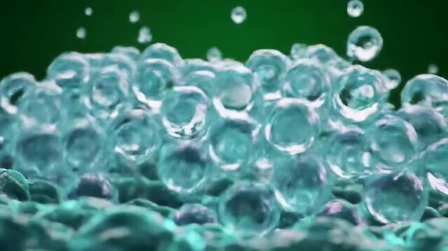 Macro Close-Up of Vibrant Water Bubbles on Textured Surface Against Green Background for Science and Visual Effects Production
