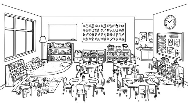 Hand drawn preschool classroom interior line art vector illustration with educational tools and kids learning environment