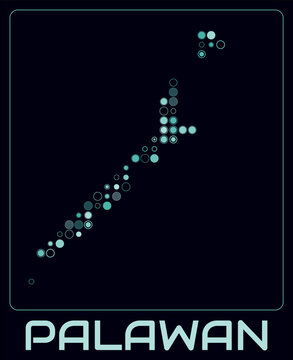 Palawan digital style map. Large circle dots on dark background. Dotted shape of the island. Palawan map and title. Classy vector illustration.