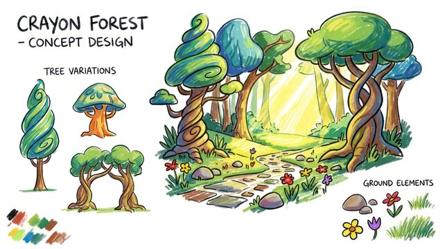 Whimsical Crayon Forest Concept Design with Tree Variations and Ground Elements.
