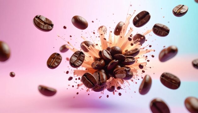Roasted Coffee Beans Exploding with Liquid Splash on Colorful Studio Background