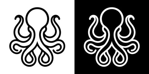 A striking minimalist vector illustration of an octopus, presented in both light and dark variations, embodying the enigmatic beauty and mysterious depths of the deep ocean © inka