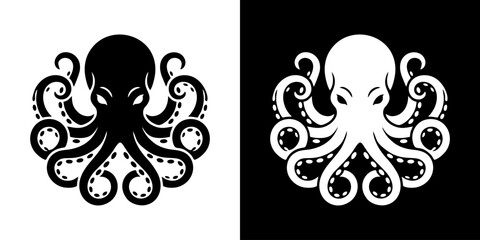 Iconic black and white octopus illustration, stylized cephalopod graphic art © inka