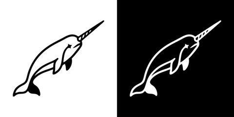 Minimalist black and white narwhal icon design, featuring a stylized unicorn of the sea in a clean, elegant line art illustration ideal for branding and marine themes © inka