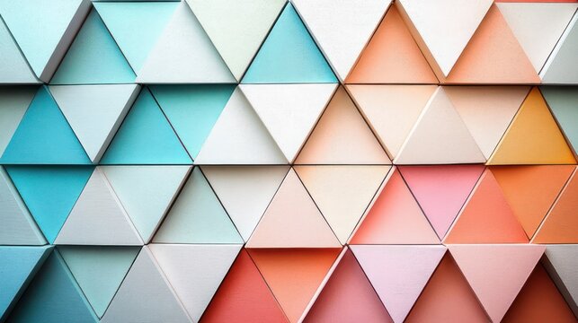 three-dimensional pastel triangular tile pattern of folded paper prisms in teal coral peach and cream conveying a calm playful harmony
