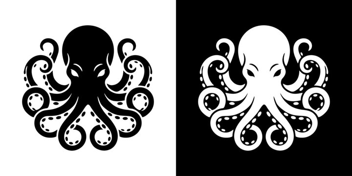 Iconic black and white octopus illustration, stylized cephalopod graphic art
