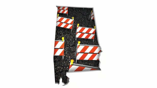 Alabama AL State Map Road Construction Project Traffic Signs Barriers Barricades 3d Animation