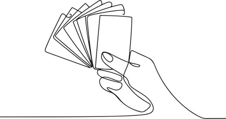 Obraz premium A single continuous line drawing of a human hand holding a fan of playing cards against background Vector and Line Art