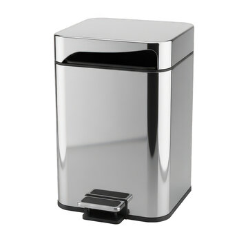 Modern stainless steel trash compactor canister isolated on transparent background