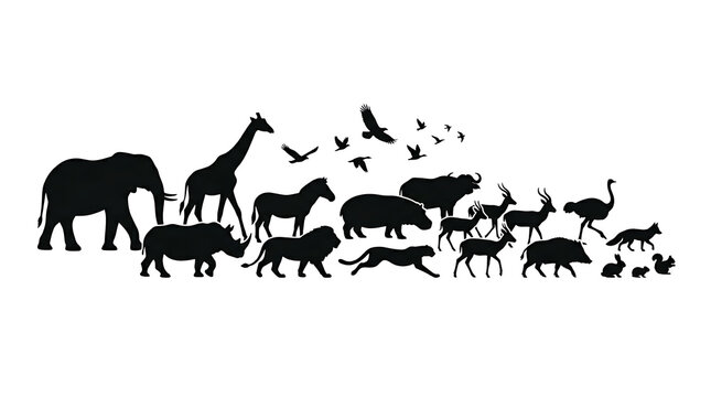 Various black animal silhouettes are walking and flying together outdoors.