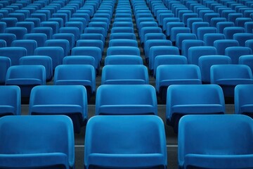 Fototapeta premium Endless rows of empty blue stadium seats in perfect symmetry and repeating pattern, conveying quiet stillness and calm emptiness