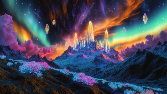 otherworldly crystalline spire mountain with floating gems, neon aurora and starry sky above glowing magenta and teal plants and a winding luminous valley, evoking awe and wonder