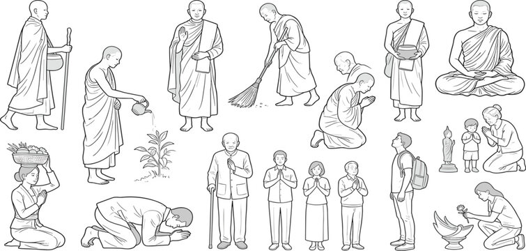 Diverse hand-drawn line art collection illustrating the spiritual and daily life of Buddhist monks and devotees engaged in traditional ceremonies, meditation, and acts of devotion