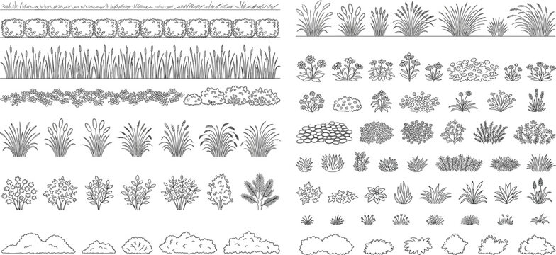 Extensive Vector Line Art Set of Hand-Drawn Garden Bushes, Ornamental Grasses, and Lush Greenery Elements for Landscape Design, Architectural Plans, and Urban Planning Projects