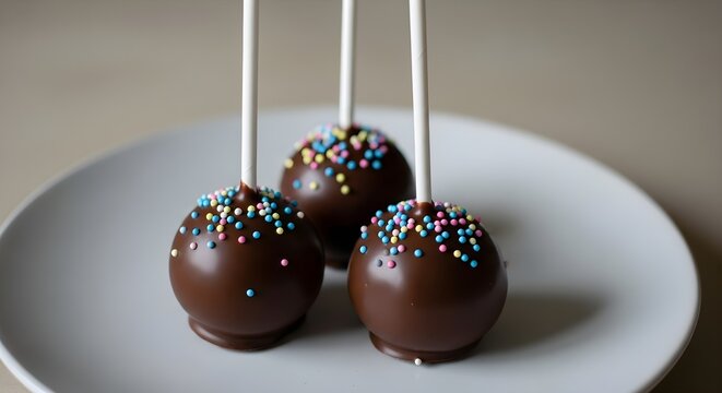 Delicious chocolate cake pops with vibrant colorful sprinkles elegantly arranged on a clean white plate, a perfect sweet treat for any celebration or delightful snack