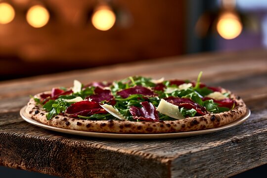Gourmet bresaola rucola pizza with parmesan on rustic wooden table