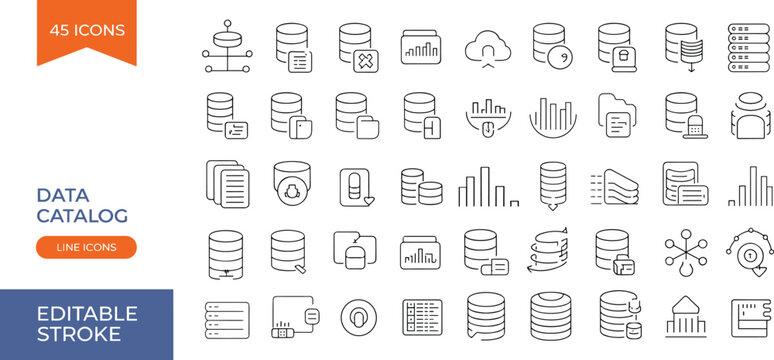 Advanced data catalog line icons set with database management, cloud storage, analytics dashboards, and security symbols in