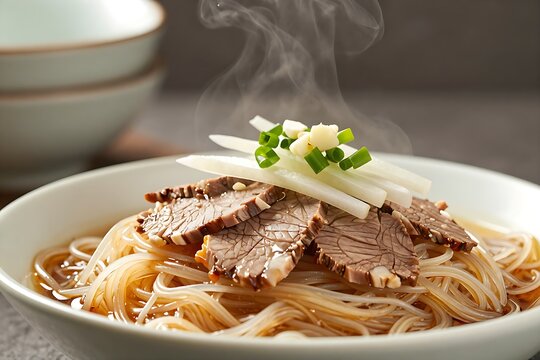 Steaming bowl of authentic Lanzhou Niurou Lamian with sliced beef