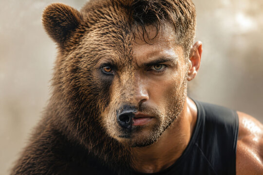Powerful athlete merging with wild bear in dramatic transformation portrait symbolizing primal strength endurance instinct and inner determination